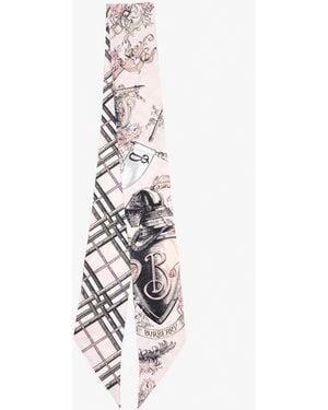 Burberry Skinny Reversible Etched Knight Silk Scarf - White