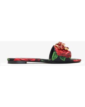 Dolce & Gabbana Rose-Print Brocade Slide Sandals - White