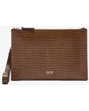 Tom Ford Lizard Embossed Wristlet Pouch - Brown