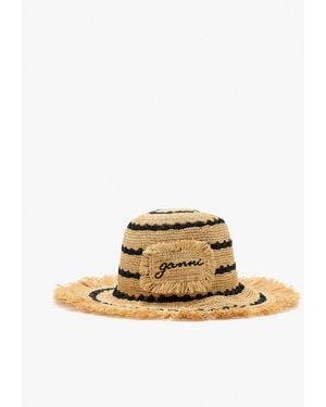 Ganni Striped Raffia Bucket Hat - Natural