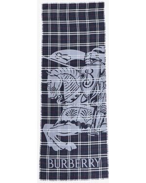 Burberry Wide Knight Check Wool Silk Scarf - Blue