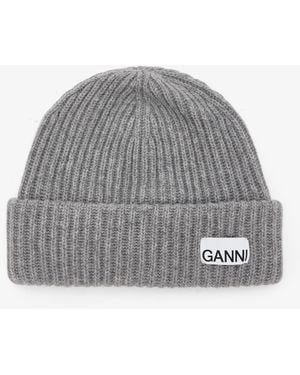 Ganni Oversized Wool Rib Knit Beanie - Gray