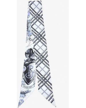 Burberry Skinny Reversible Etched Knight Silk Scarf - White