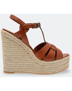 Saint Laurent Tribute Leather Espadrille Wedge Sandals - Brown