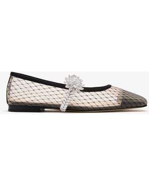 Mach & Mach Lotus Flower Fishnet Ballerinas - White