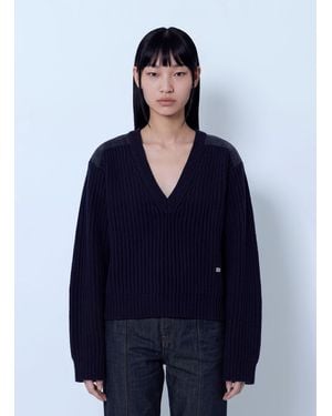 Ganni Wool Melange Rib Stripe V Neck - Blue