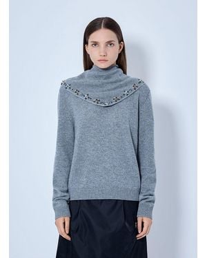 Prada Embroidered-Scarf Cashmere Sweater - Blue