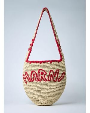 Marni Logo Motif Raffia Shoulder Bag - White