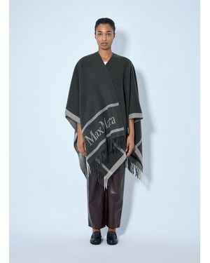 Max Mara Fringed Wrap With Logo Detail - Blue