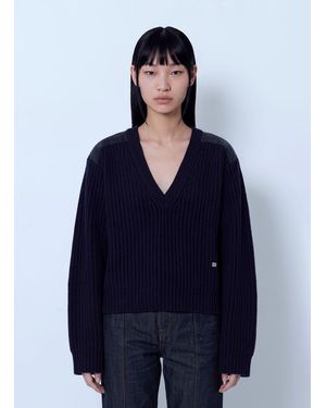 Ganni Wool Melange Rib Stripe V Neck - Blue