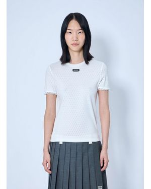 Miu Miu Lace-Trim Logo-Patch T-Shirt - White