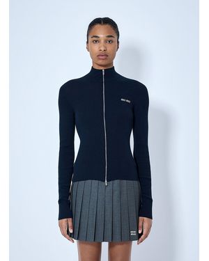 Miu Miu Ribbed-Knit Logo-Embroidered Cardigan - Blue