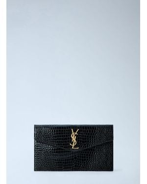 Saint Laurent Uptown Crocodile-Embossed Shiny Leather Pouch - Blue