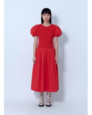 Ganni Stretch Cotton Long Smocked Pleated Dress - Red