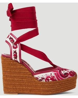 Dolce & Gabbana Printed Brocade Wedge Sandals - Red