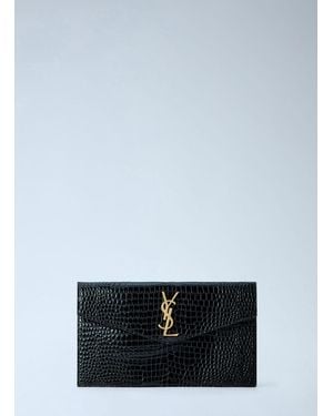 Saint Laurent Uptown Crocodile-Embossed Shiny Leather Pouch - Blue