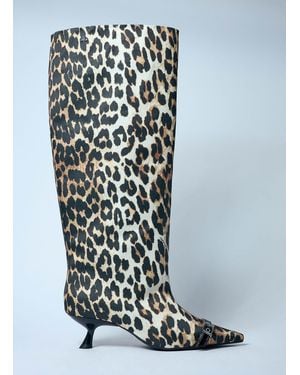 Ganni Leopard Eyelets Slouchy High Shaft Boots - Brown