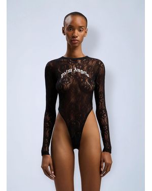 Palm Angels Curved Logo Lace Bodysuite - White