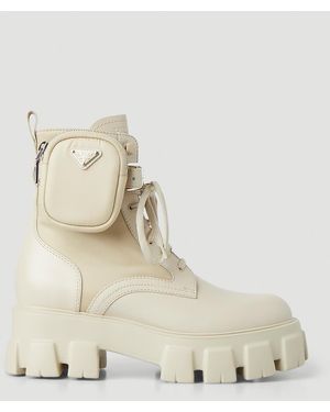 Prada Monolith Lace-Up Boots With Pouch - Natural