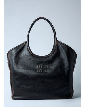 Miu Miu Leather Logo Motif Tote Bag - Black