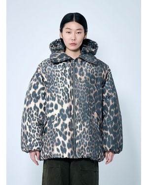 Ganni Leopard Midi Puffer Jacket - Blue