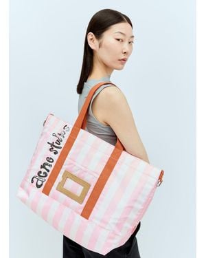 Acne Studios Logo Print Striped Tote Bag - White