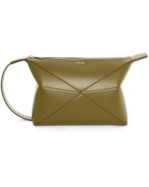 Loewe Luxury Puzzle Fold Wash Bag In Shiny Calfskin - Green