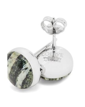 Loewe Luxury Anagram Pebble Stud Earrings In Sterling Silver And Zebra Jasper - White