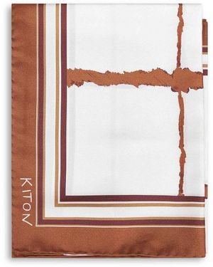 Kiton Tan Printed Silk Twill Scarf - White