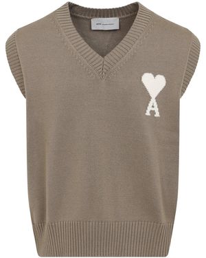 Ami Paris Ami Wool And Cotton Vest - Brown