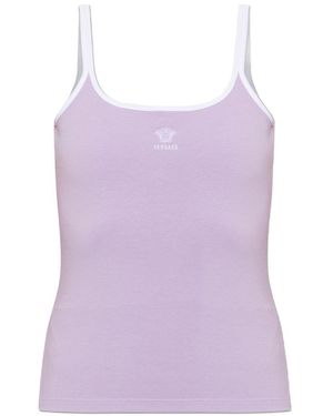 Versace Stretch Cotton Jersey Top With Embroidered Logo - Purple