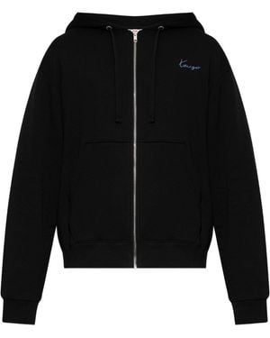 KENZO Logo-Embroidered Zip-Up Hoodie - Black