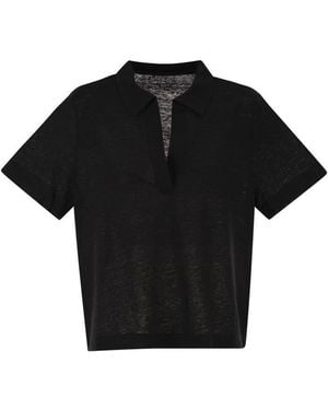 Majestic Cropped Linen Stretch Polo With V-Neck - Black