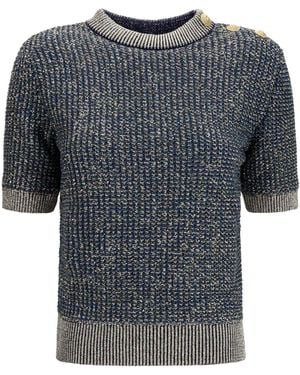 Balmain Short-Sleeve Sequin Sweater - Gray