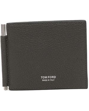 Tom Ford Soft Grain Leather T Line Money Clip Wallet - Gray