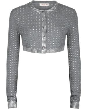 Valentino Cropped Crystal-Embellished Ribbed Wool Cardigan - Gray