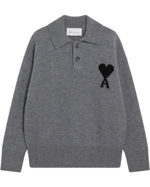 Ami Paris Ami De Coeur Wool Polo Shirt - Gray