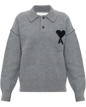 Ami Paris Ami De Coeur Wool Polo Shirt - Gray