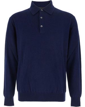 Plain Sweater With Polo Collar - Blue