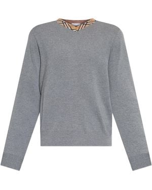 Burberry Knit V-Neck Sweater With Rib-Knit Trims - Gray