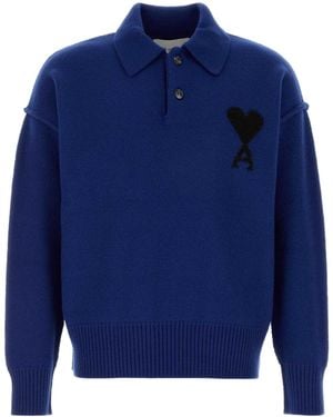 Ami Paris Biscuit Wool Polo Shirt - Blue