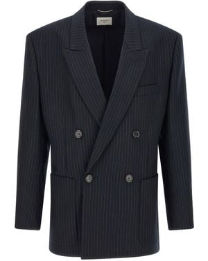 Saint Laurent Pinstriped Double-Breasted Blazer - Blue