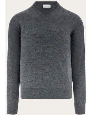 Ferragamo Charcoal Wool V Neck Sweater - Blue