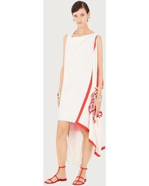 Ferragamo Draped Front Abstract Print Asymmetric Hem Dress — /Cream With Accents - White