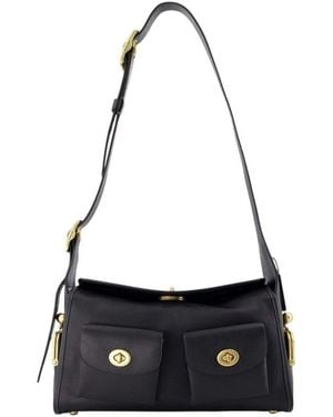 COACH "Turnlock Haversack" Leather Shoulder Bag - Black