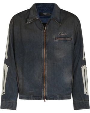 Amiri Vintage-Look Denim Jacket With Zip Pockets & Bones Patch - Black