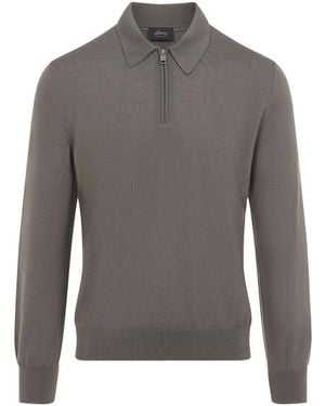 Brioni Cream Wool Long Sleeves Zip Polo - Gray