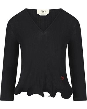 Fendi V-Neck Ribbed Top With Ruffles - Black