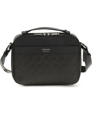 Ferragamo Leather Crossbody Bag With Embossed Gancini Pattern - Black
