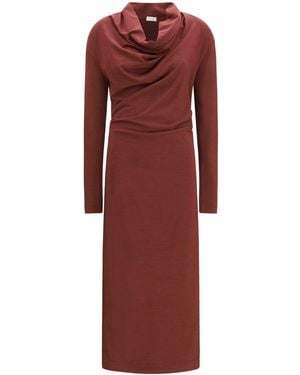 Brunello Cucinelli Techno Wool Draped Dress - Red